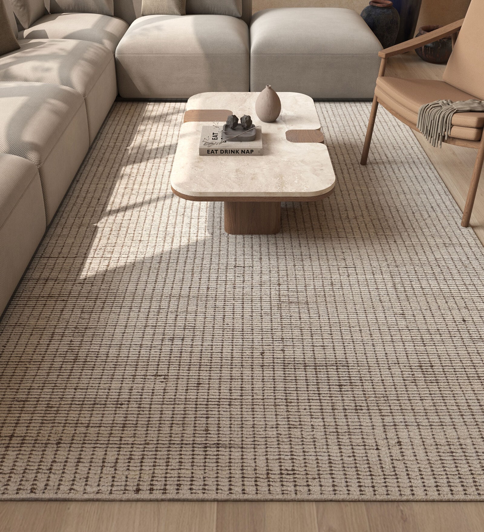 Ivory Abstract Wool 6 ft X 9 ft Hand Woven Carpet