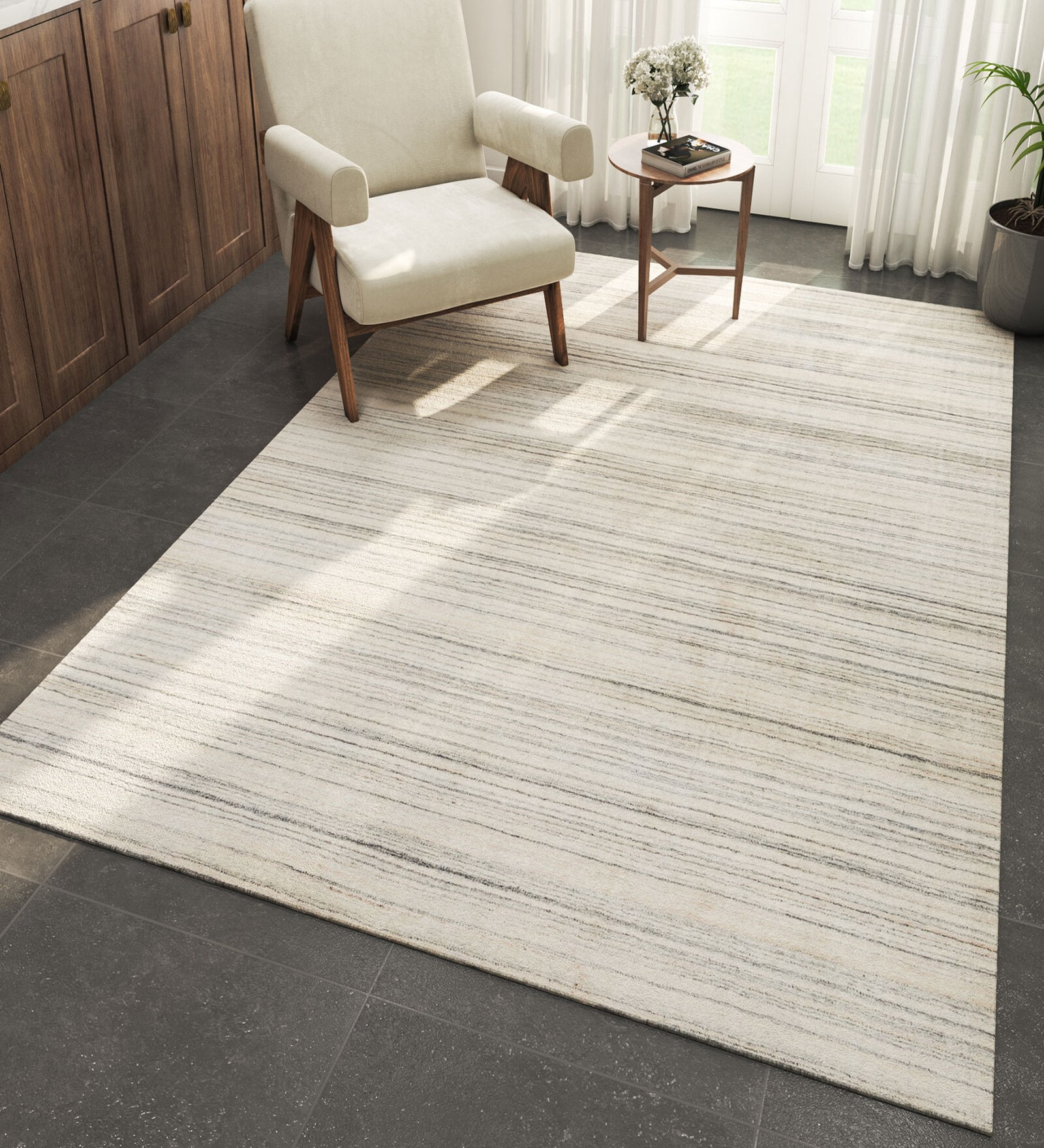Ivory Abstract Wool and Viscose 6 ft X 9 ft Hand Woven Carpet