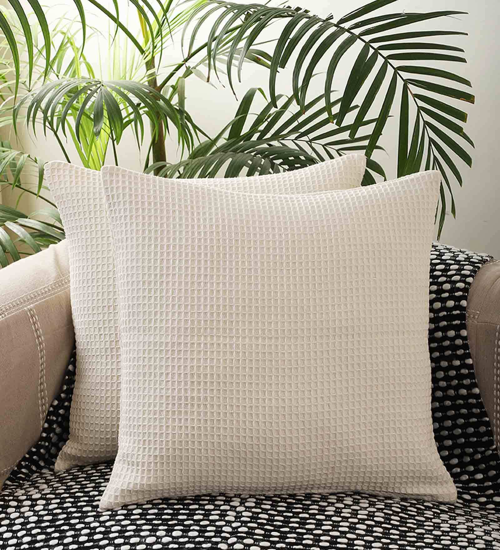 Ivory Solid Cotton 18 x 18 Inches Cushion Covers (Set of 2)