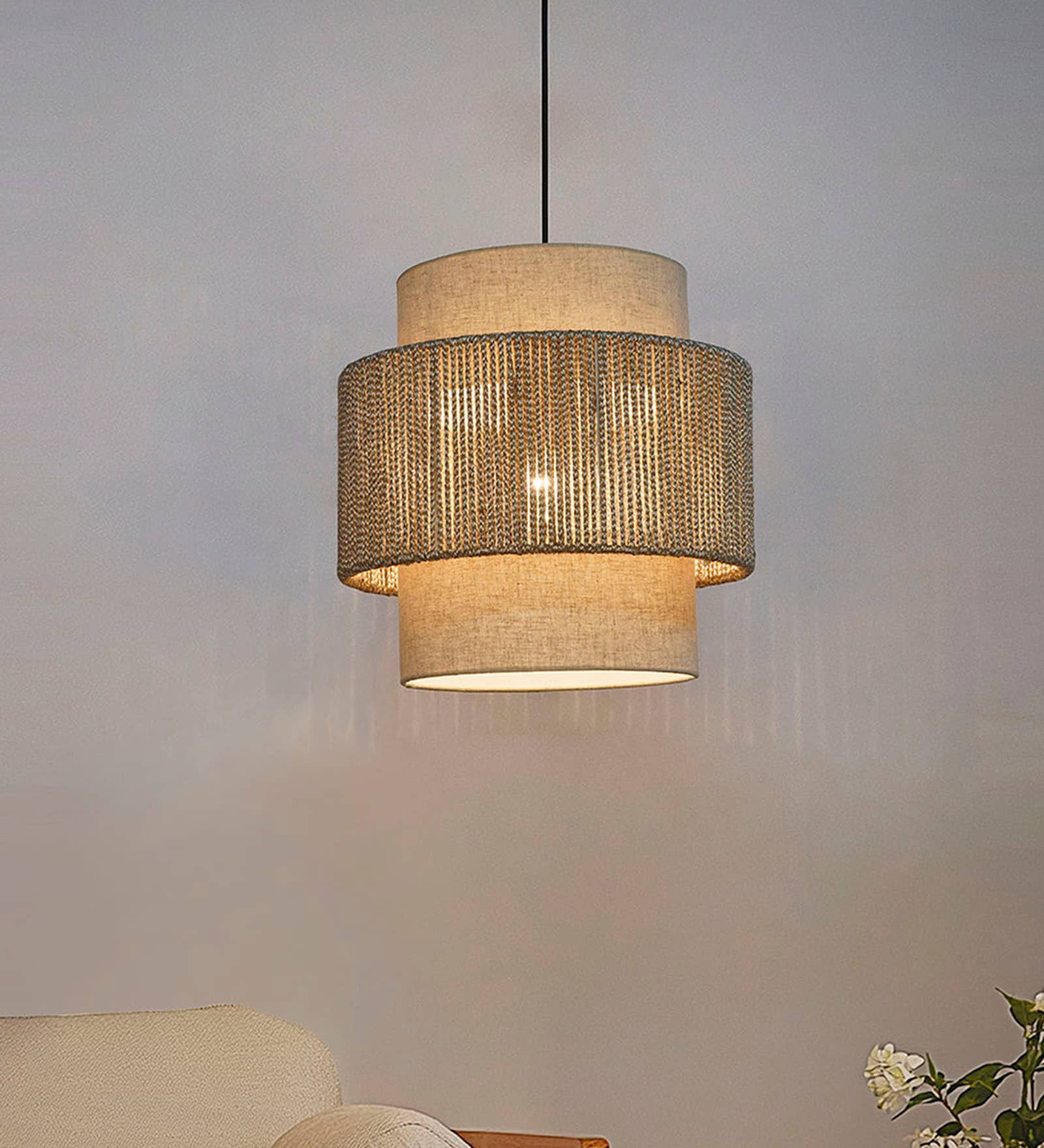 Ivory Fabric & Beige Rope 3-Tier Drum Pendant Light