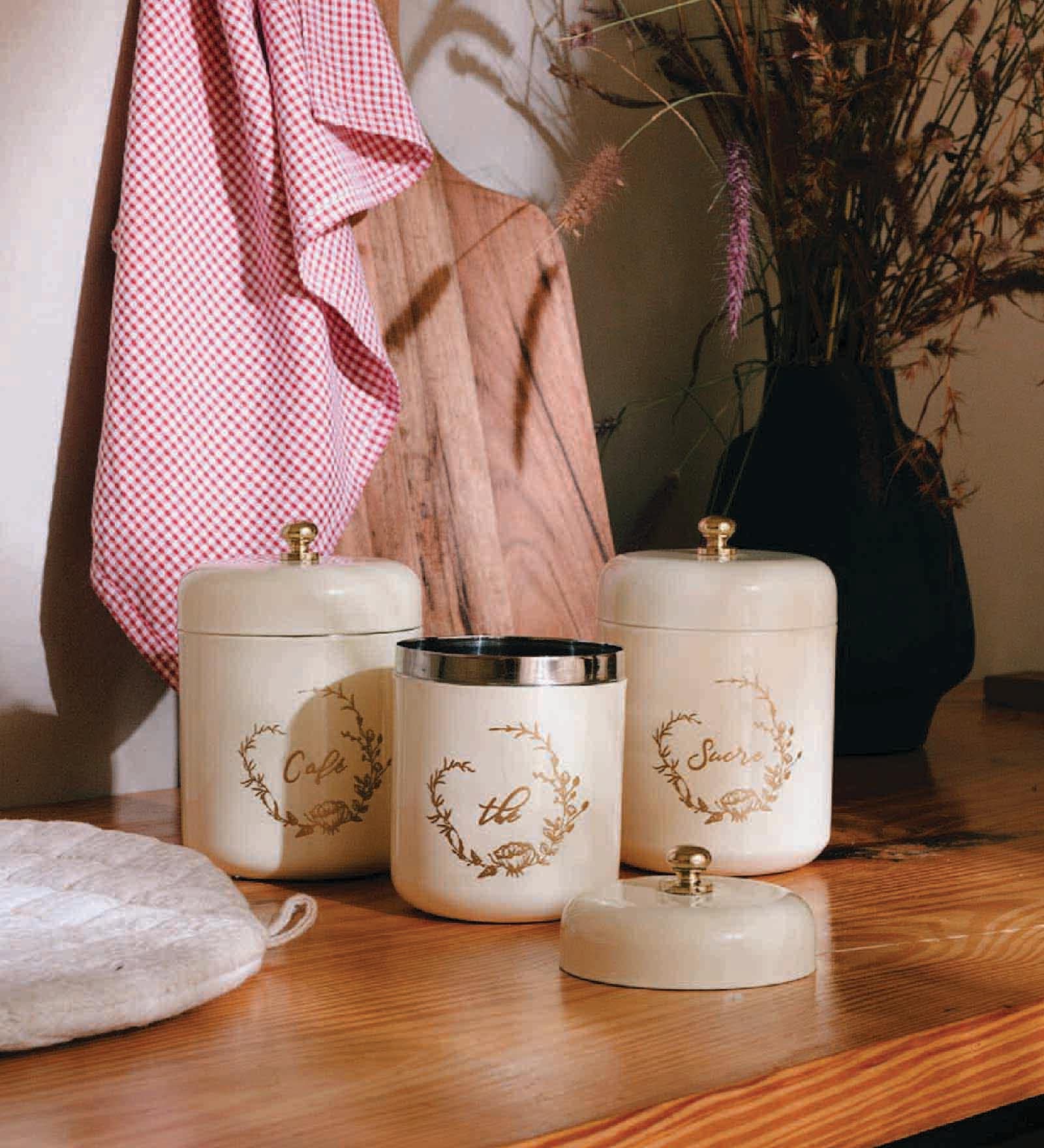 Ivory Finish Steel Storage Canisters Set of 2