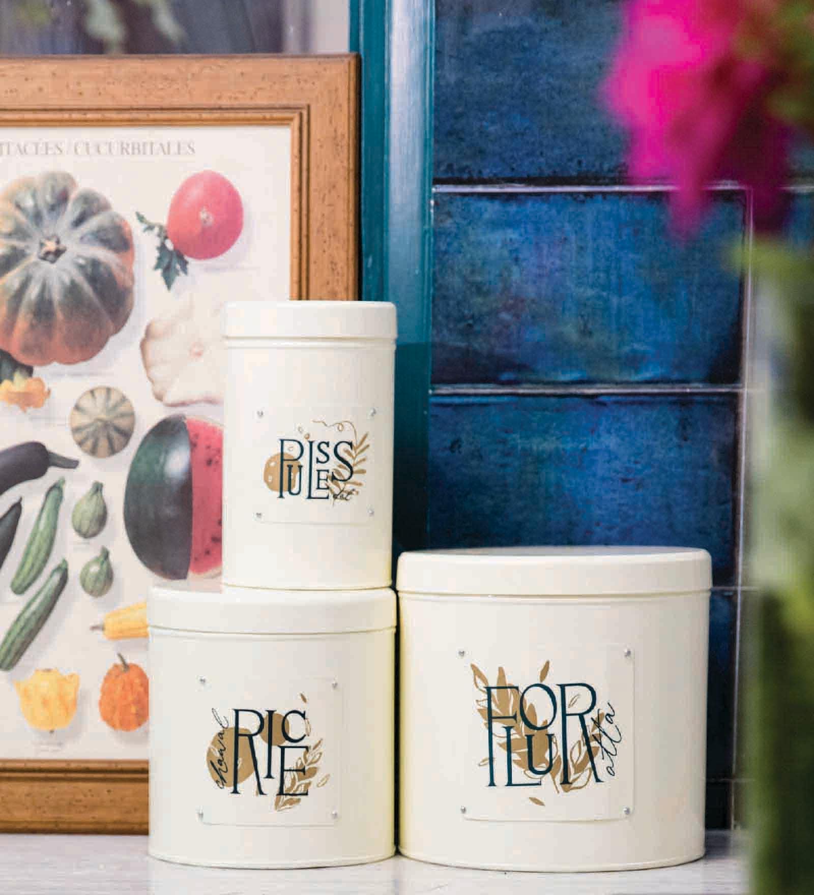 Ivory Finish Steel Storage Canisters Set of 3