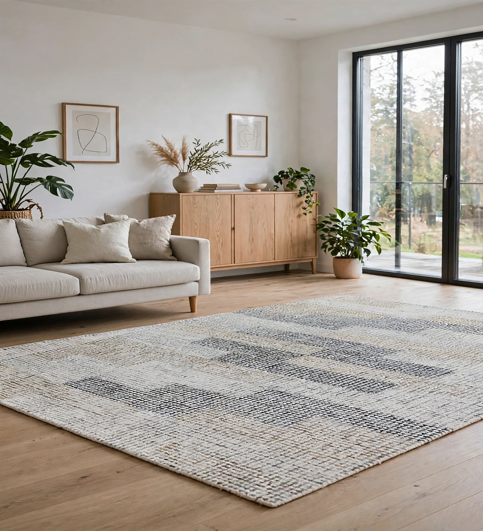 Ivory Geometric Wool And Cotton 7 X 5 Feet Hand Tufted Carpet