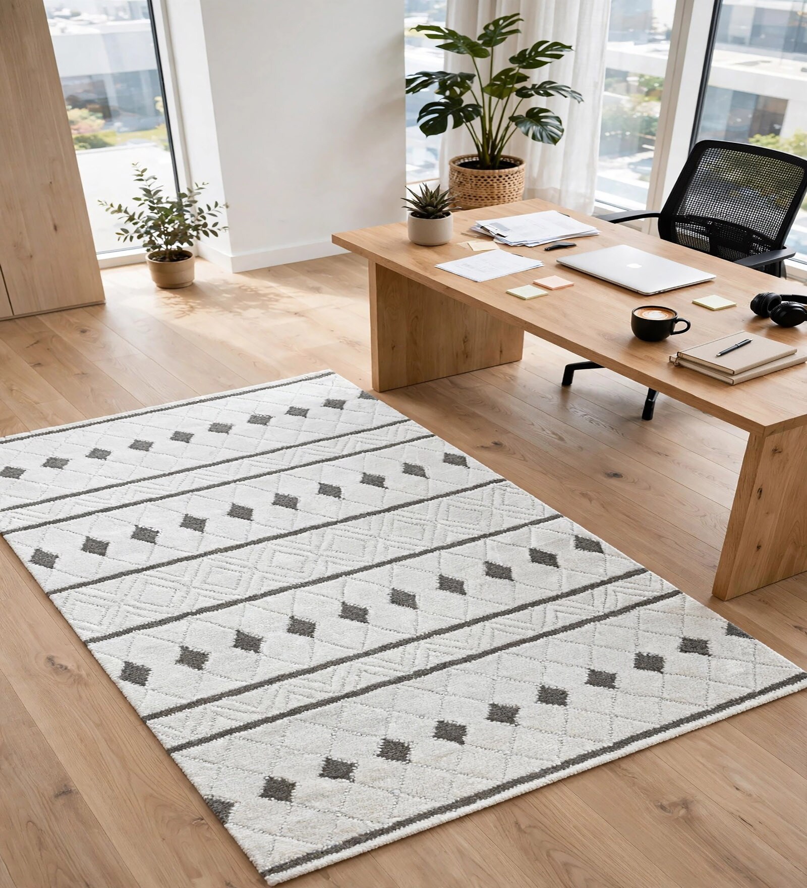 Ivory Geometric Wool And Cotton 8 X 5 Feet Hand Tufted Carpet