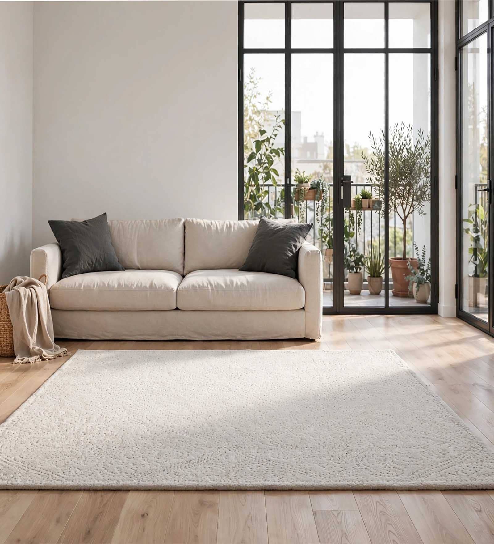 Ivory Geometric Wool And Cotton 5 X 8 Ft Hand Tufted Carpet