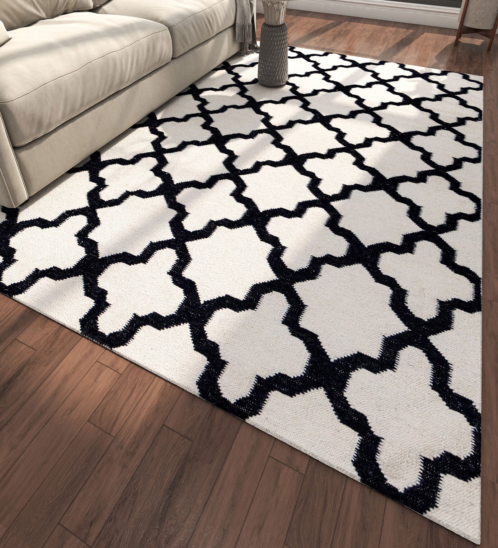 Ivory Geometrical Wool 5 ft X 8 ft Flat Weaves