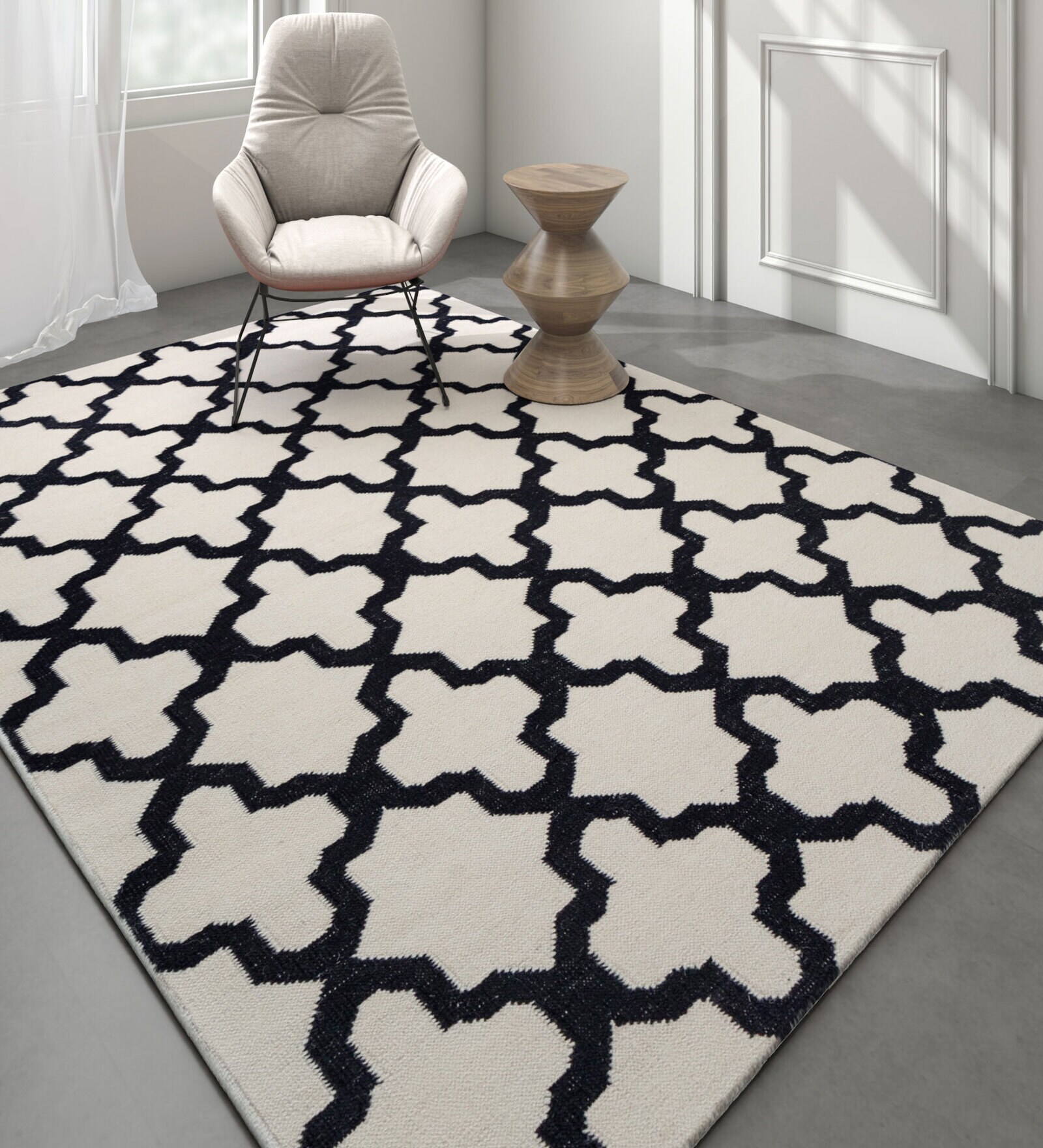 Ivory Geometrical Wool 5 ft X 8 ft Flat Weaves