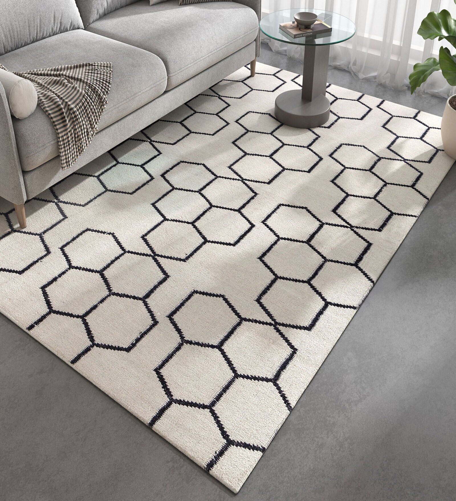 Ivory Geometrical Wool 5 ft X 8 ft Flat Weaves