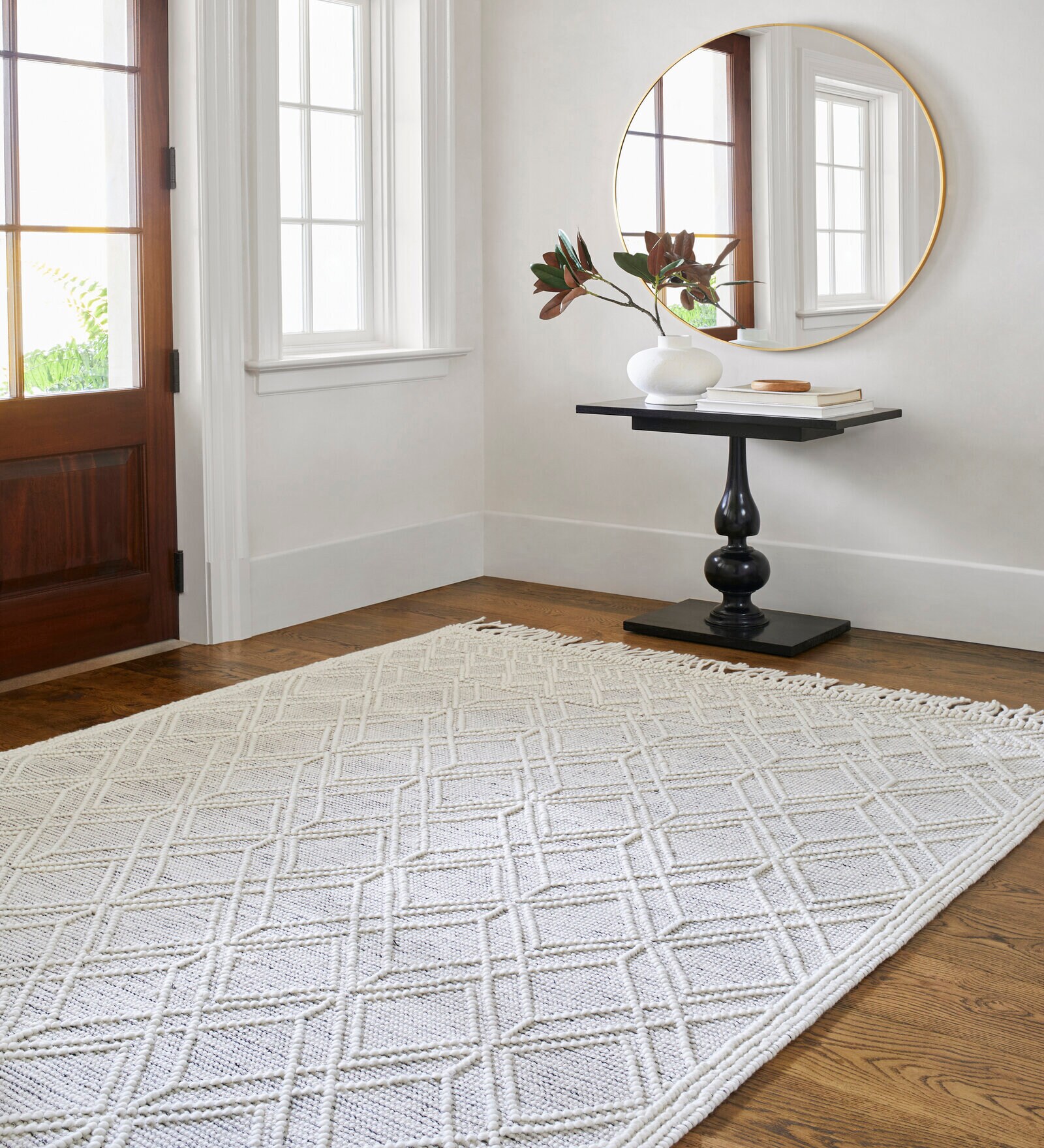 Ivory Geometrical Wool and Cotton 8 x 10 Feet Hand Woven Carpet