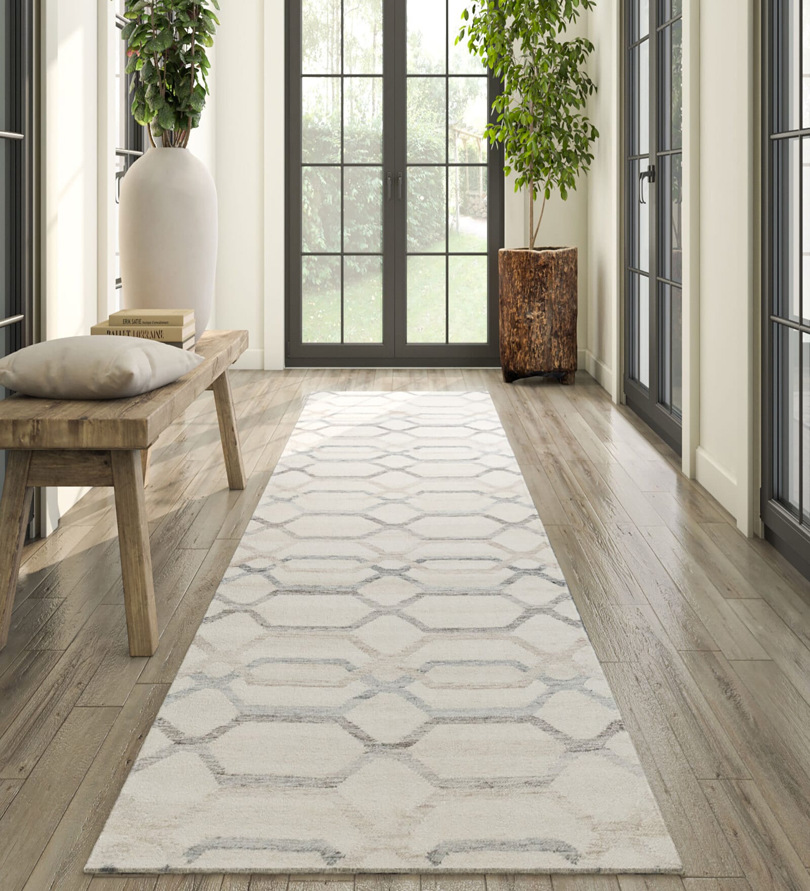 Ivory Geometrical Wool and Viscose 3 ft X 10 ft Flat Weaves Runner