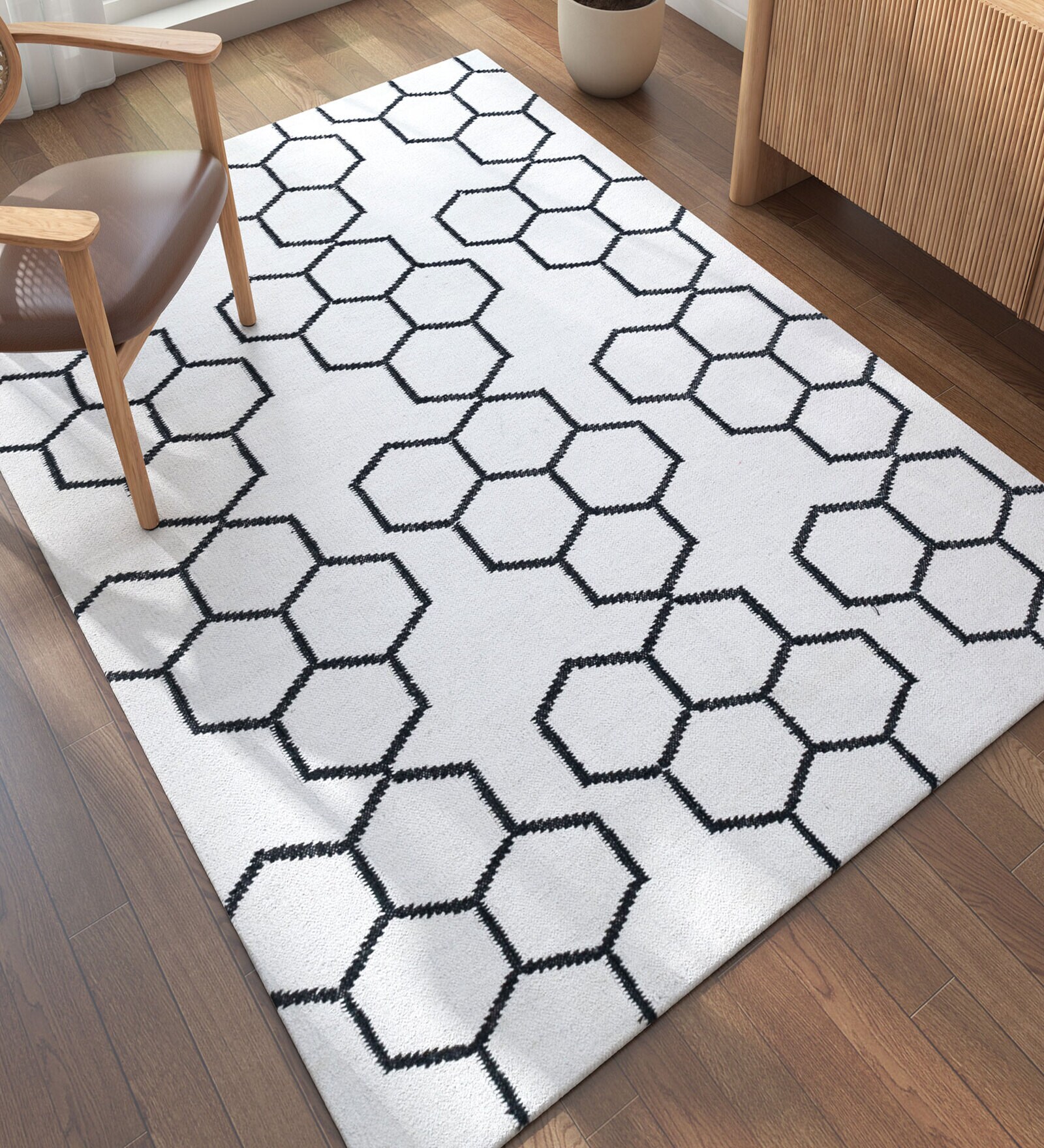 Ivory Geometrical Wool and Viscose 5 ft X 8 ft Flat Weaves