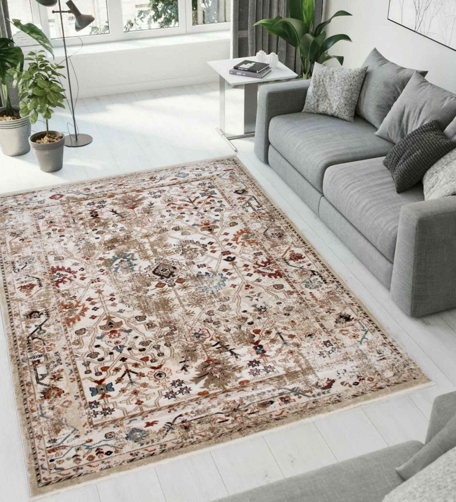 Ivory Persian Polyester 6 ft x 9 ft Machine Made Carpet