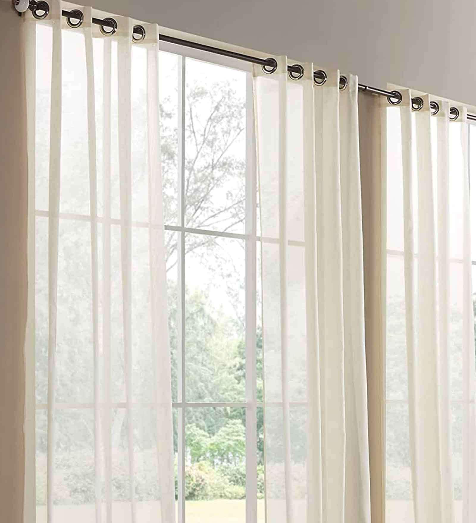 Ivory Polyester Solid 8 Ft Sheer Eyelet 2 Curtains