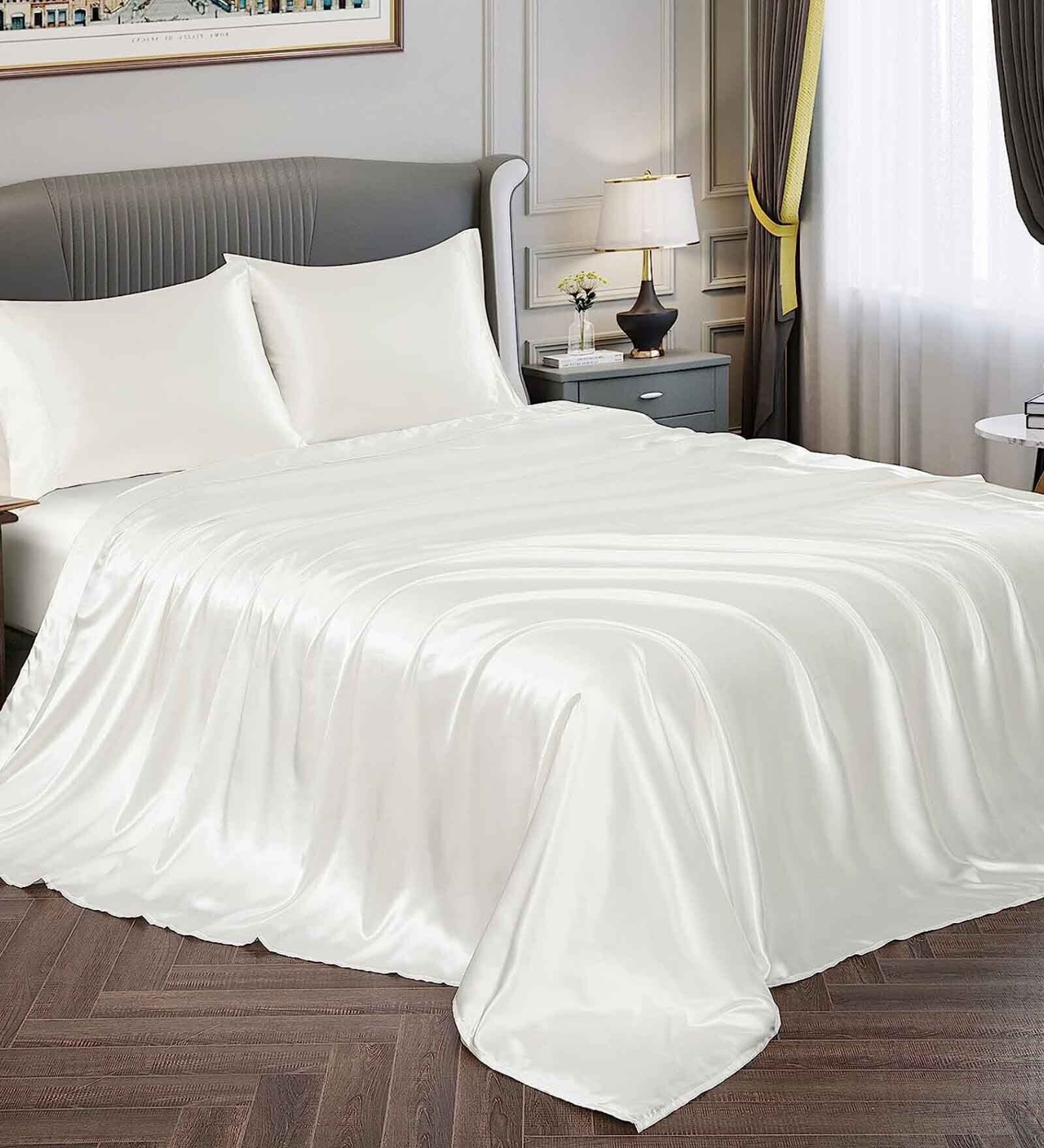 Buy Ivory Solid 400 TC Satin King Fitted Bedsheet with 2 Satin Pillow ...