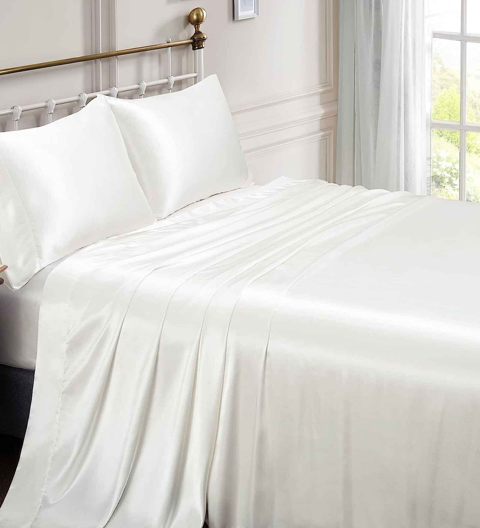 Ivory Solid 400 TC Satin Queen Fitted Bedsheet with 2 Satin Pillow covers
