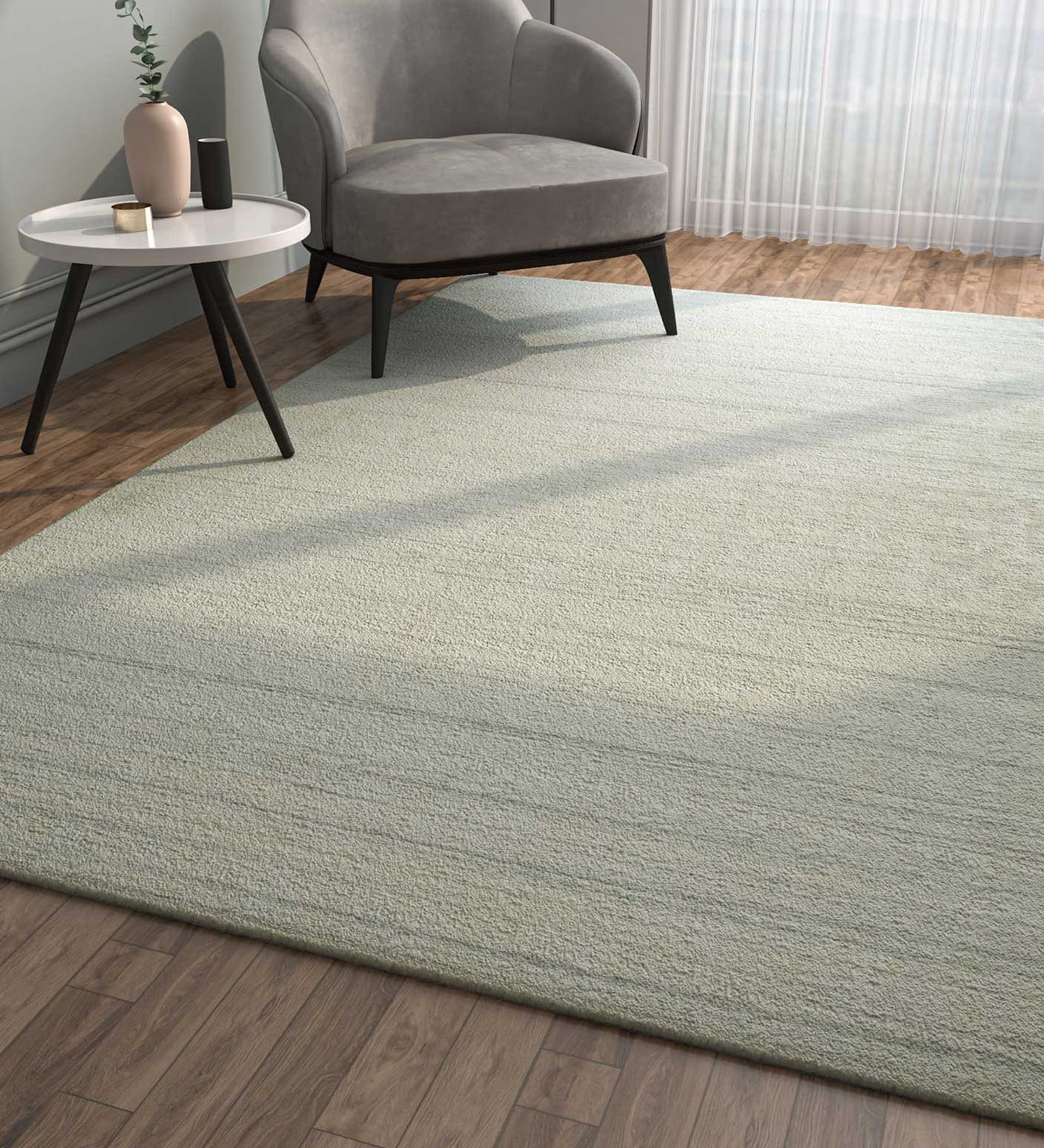 Ivory Solid Wool & Viscose 9 ft x 12 ft Hand Woven Carpet