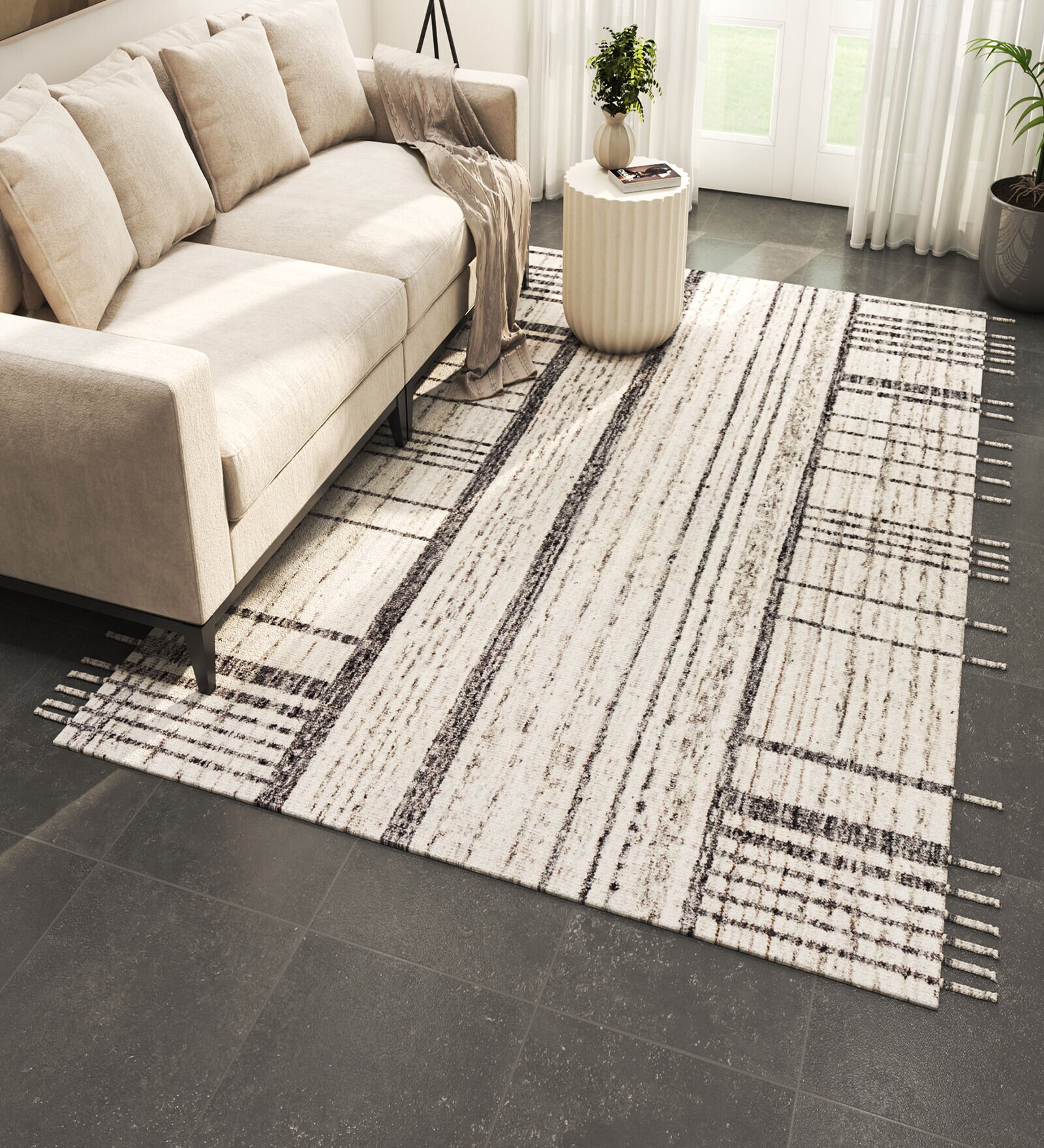 Ivory Solid Wool 5 ft X 8 ft Hand Woven Rectangle Carpet