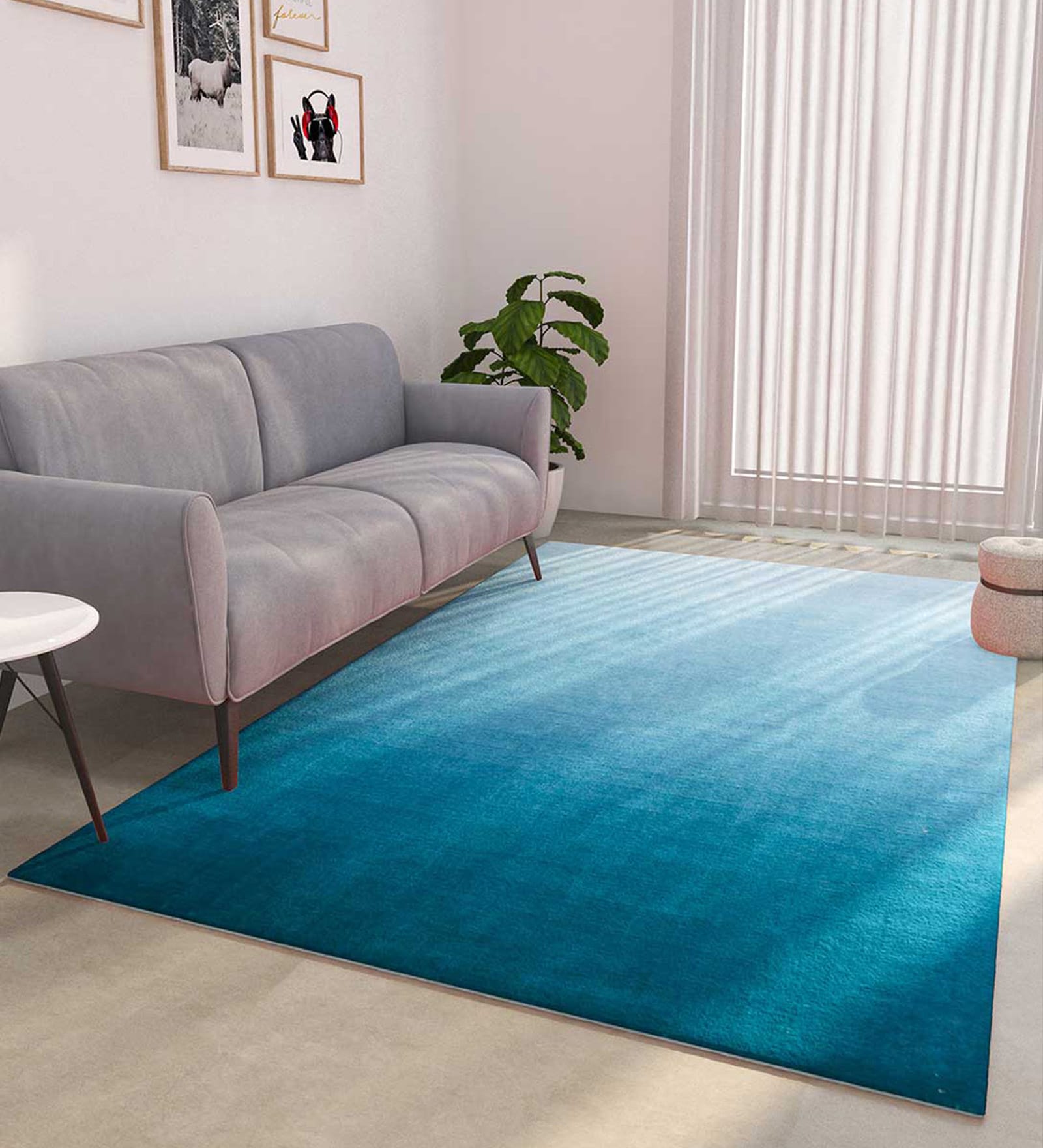 Blue Solid Wool 6 ft x 9 ft Hand Woven Carpet