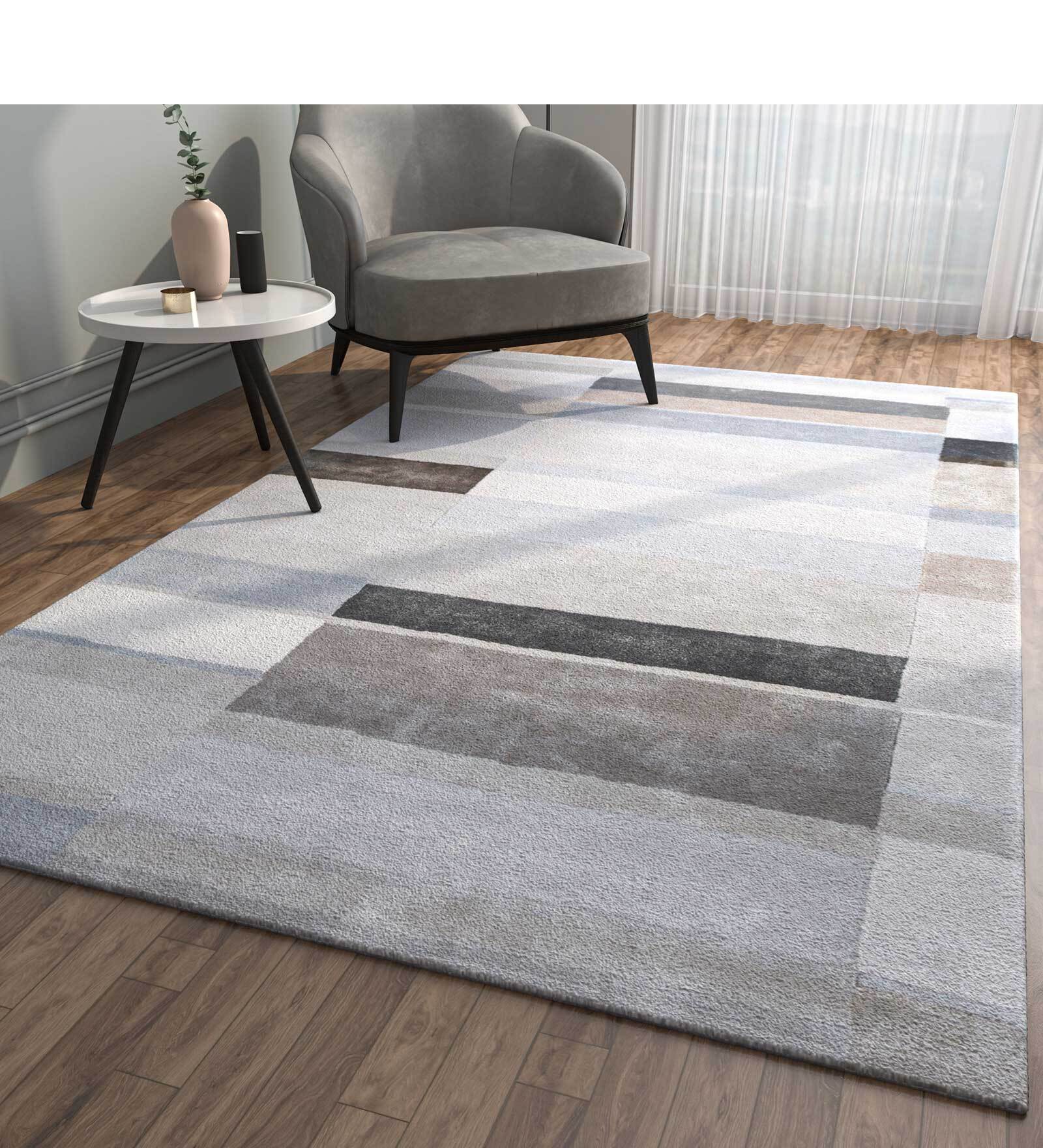 Ivory Stripes Wool & Viscose 6 ft x 9 ft Hand Tufted Carpet