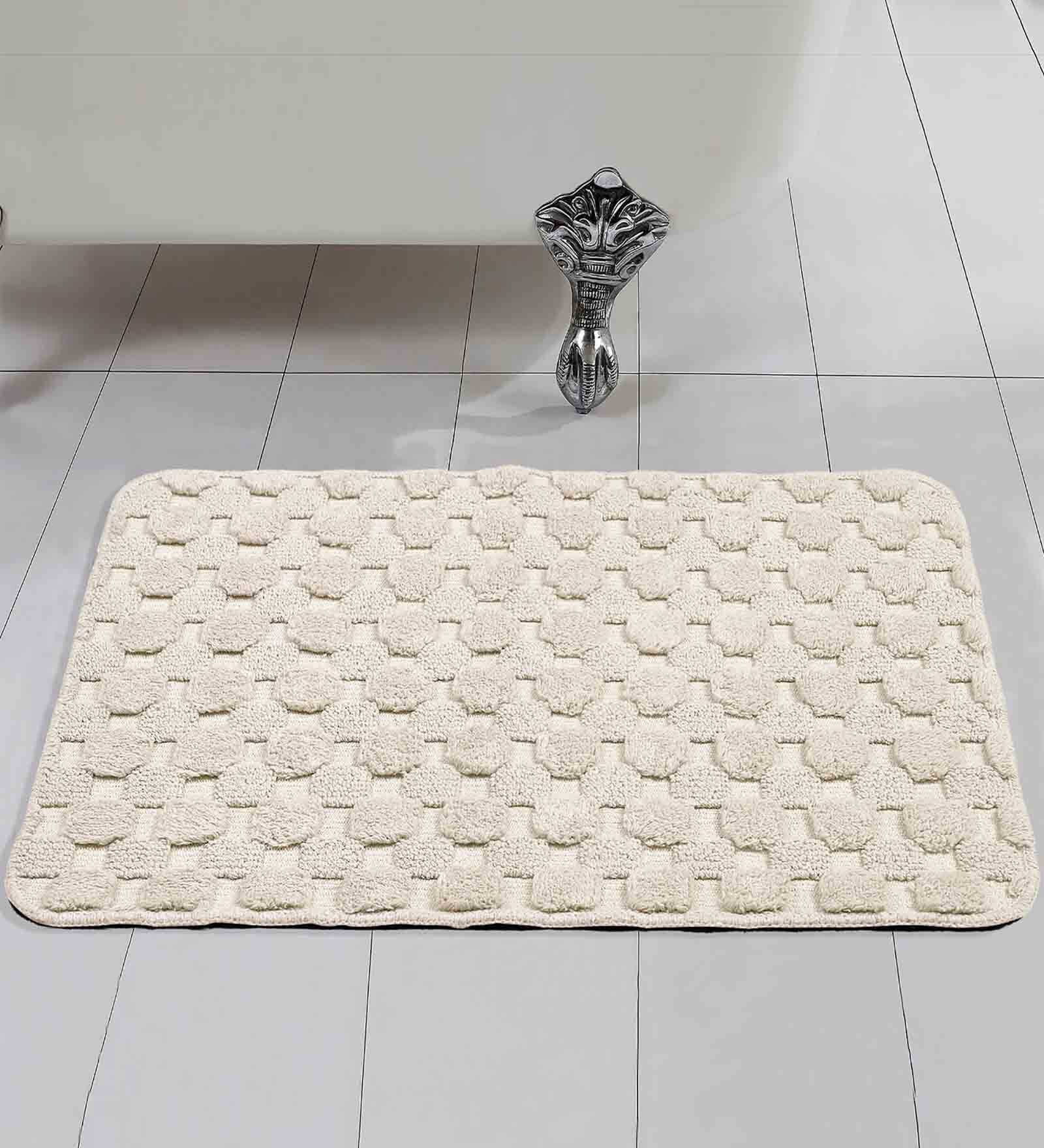 Ivory Geometric Cotton 17x25 Inches AntiSkid Bath Mat