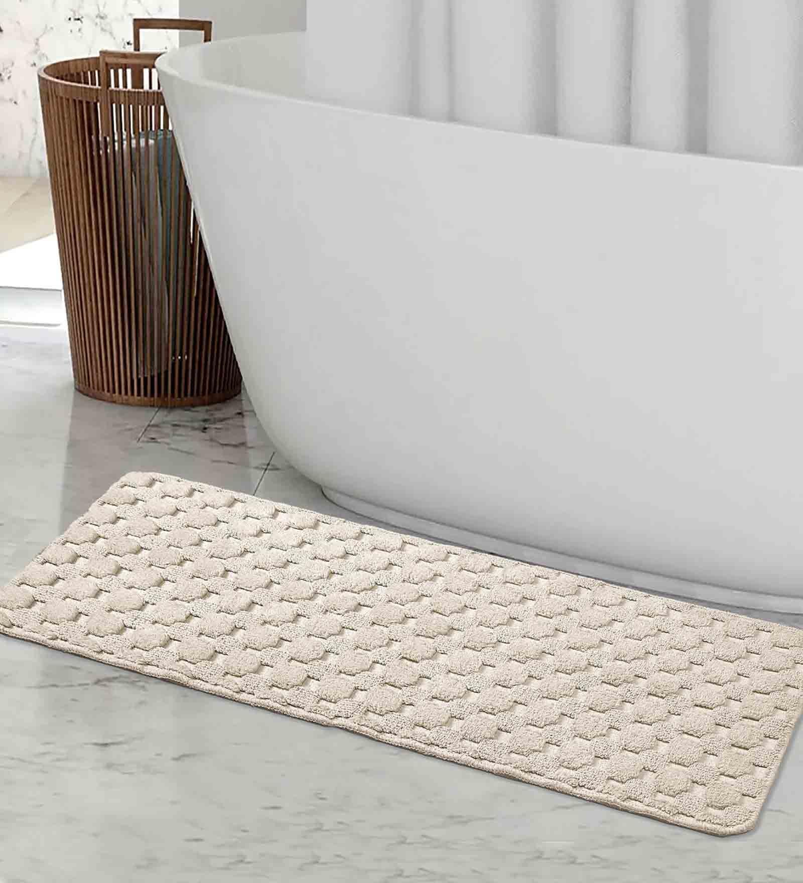 Ivory Geometric Cotton 17x39 Inches AntiSkid Bath Mat