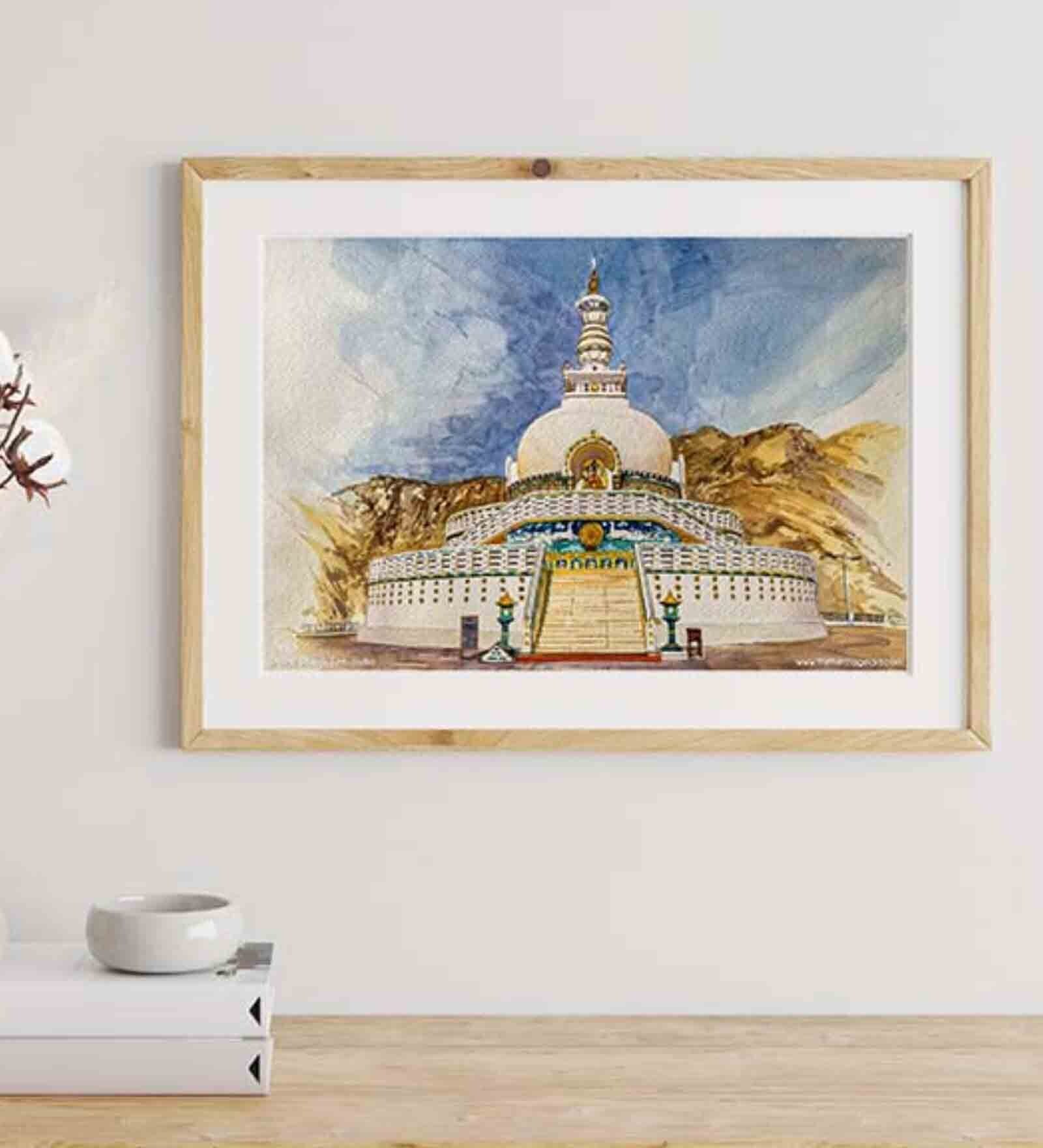 Shanti Stupa Ivory White Landscape Framed Digital Art Print