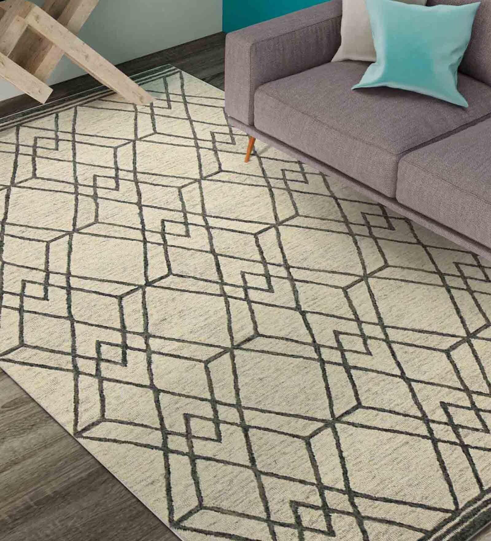 Beige Geometric Wool 8 ft x 10 ft Hand Tufted Carpet