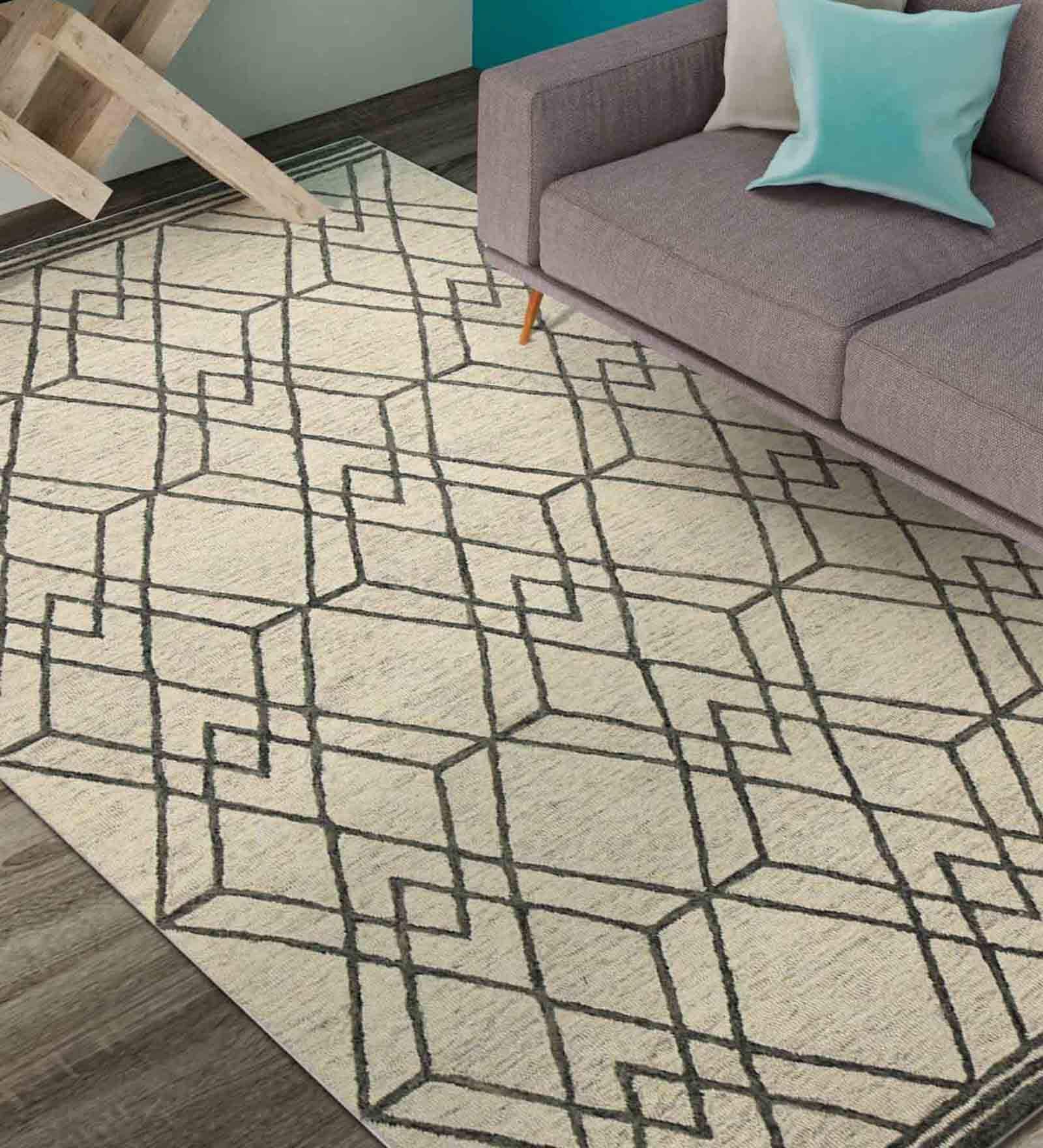 Beige Geometric Wool 5 ft x 8 ft Hand Tufted Carpet