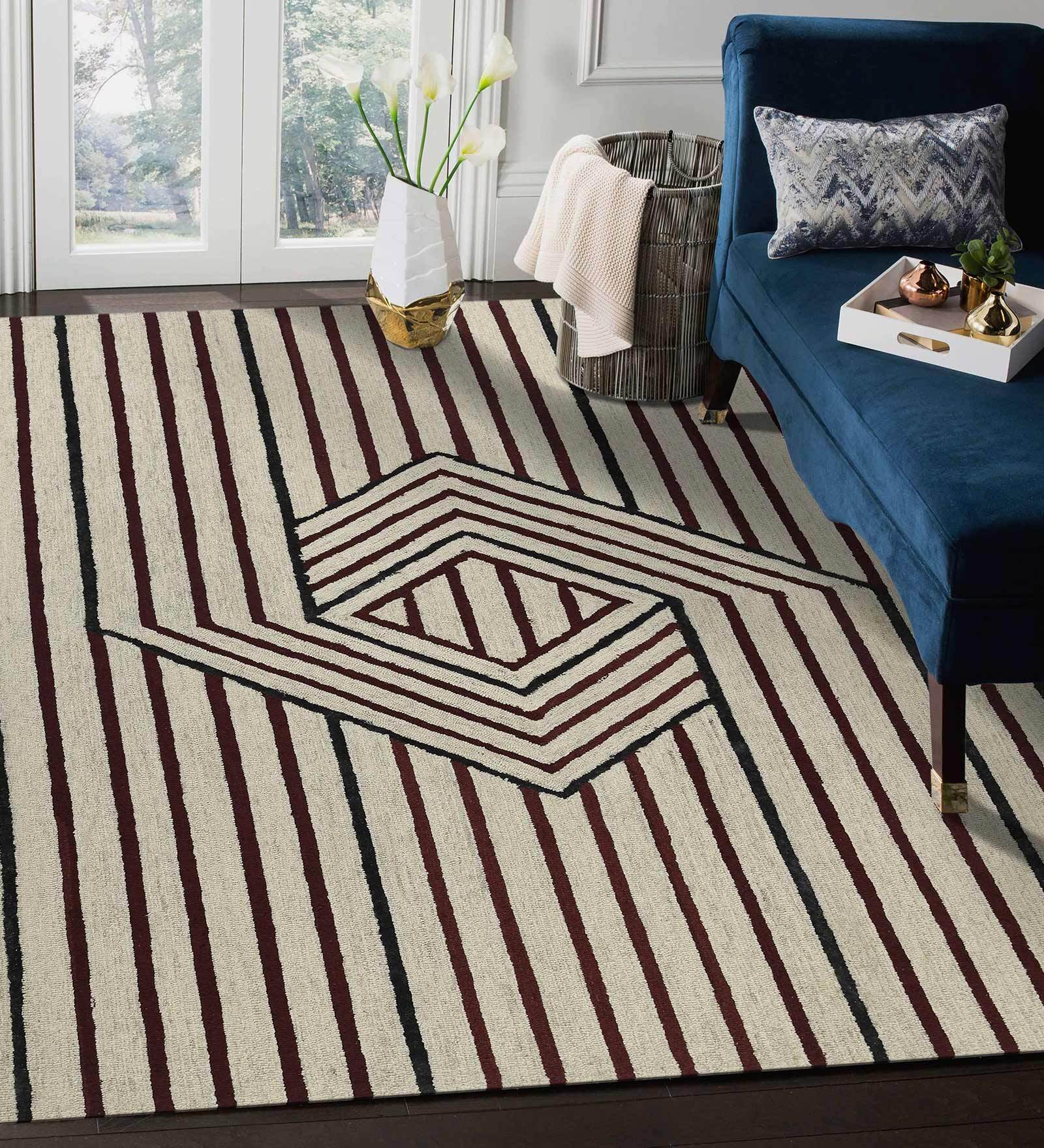 Beige Abstract Blended Wool 5 ft x 7 ft Hand Tufted Carpet
