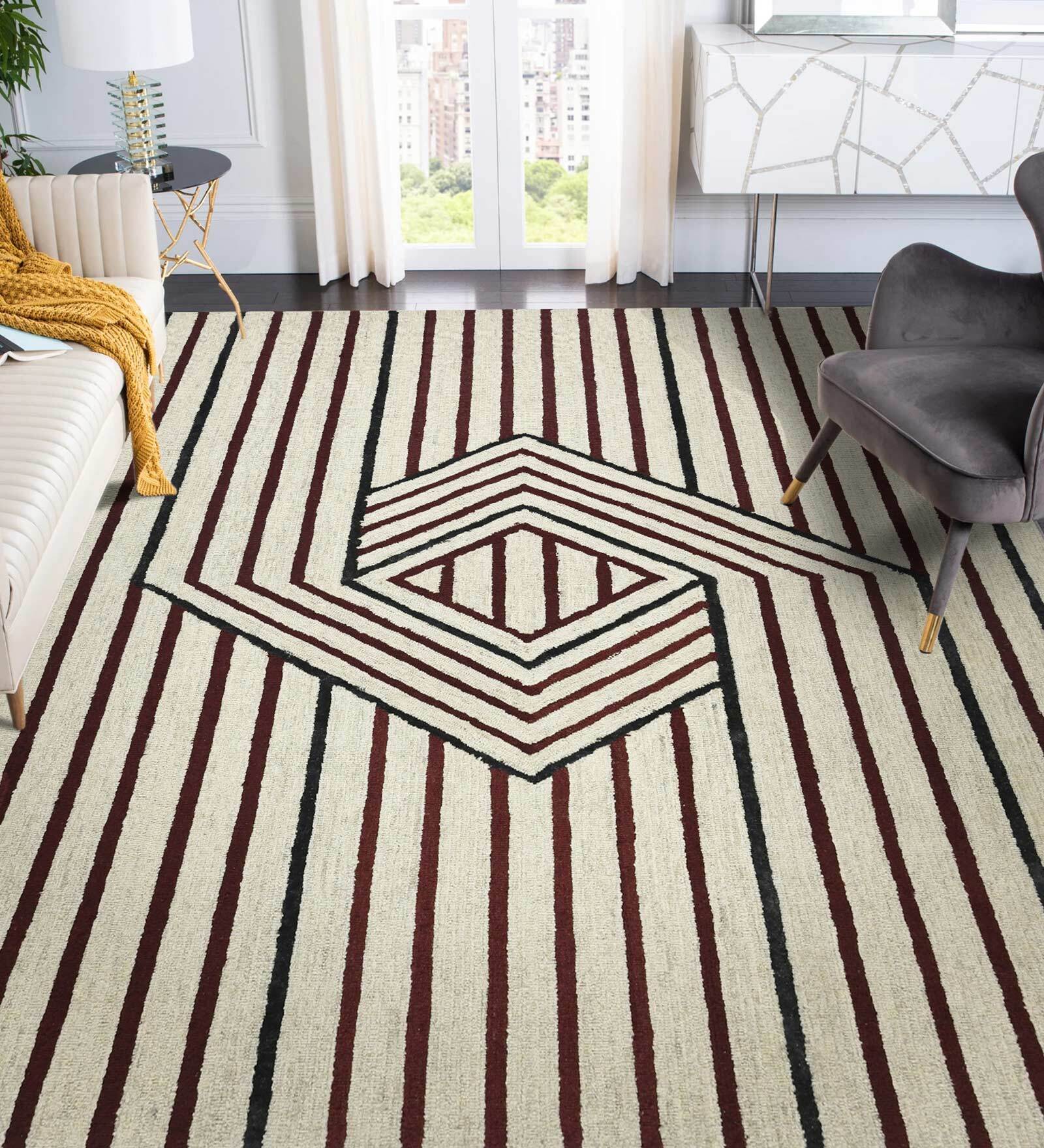 Beige Abstract Blended Wool 6 ft x 9 ft Hand Tufted Carpet