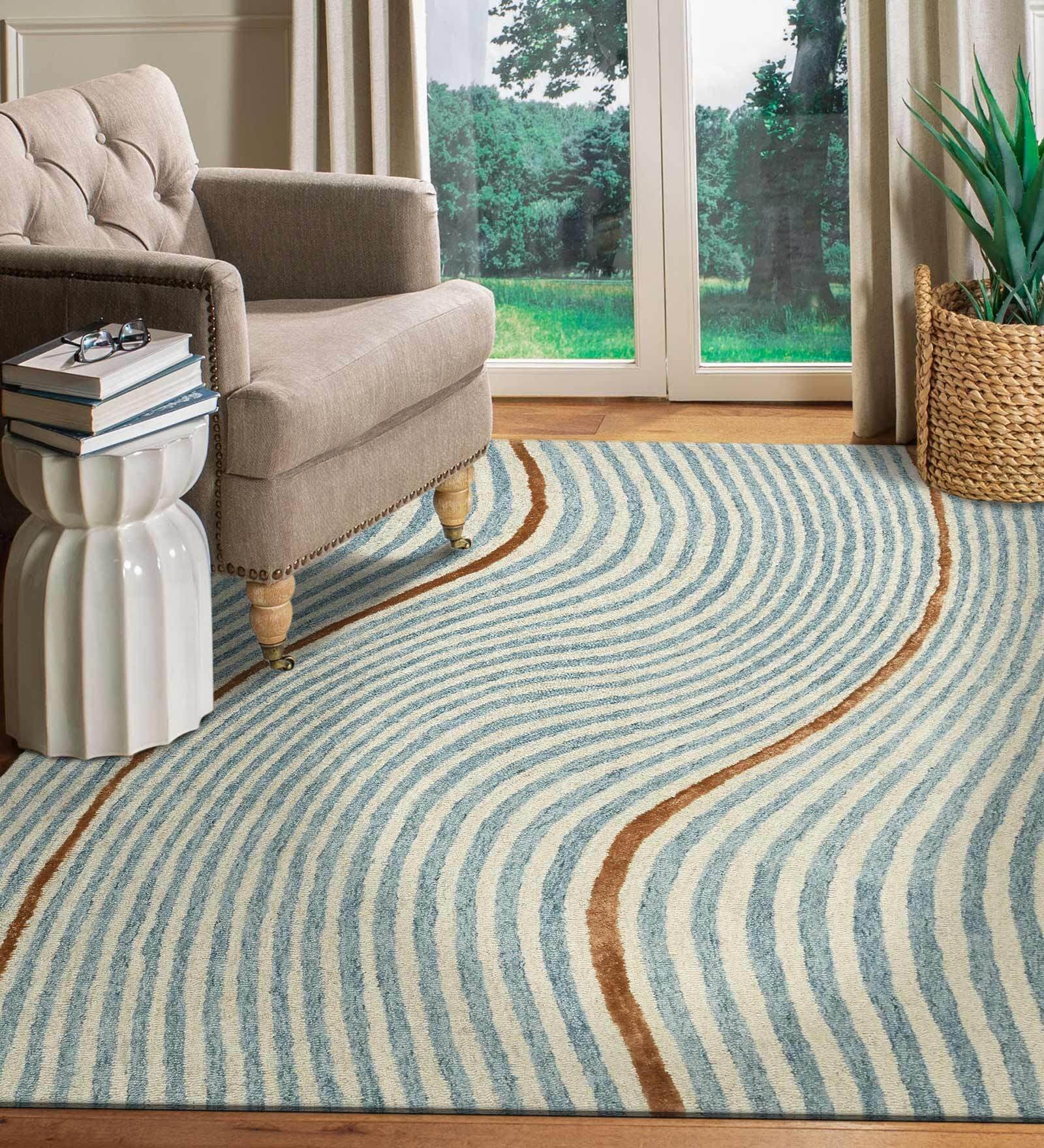 Blue Abstract Blended Wool 8 ft x 10 ft Hand Tufted Carpet