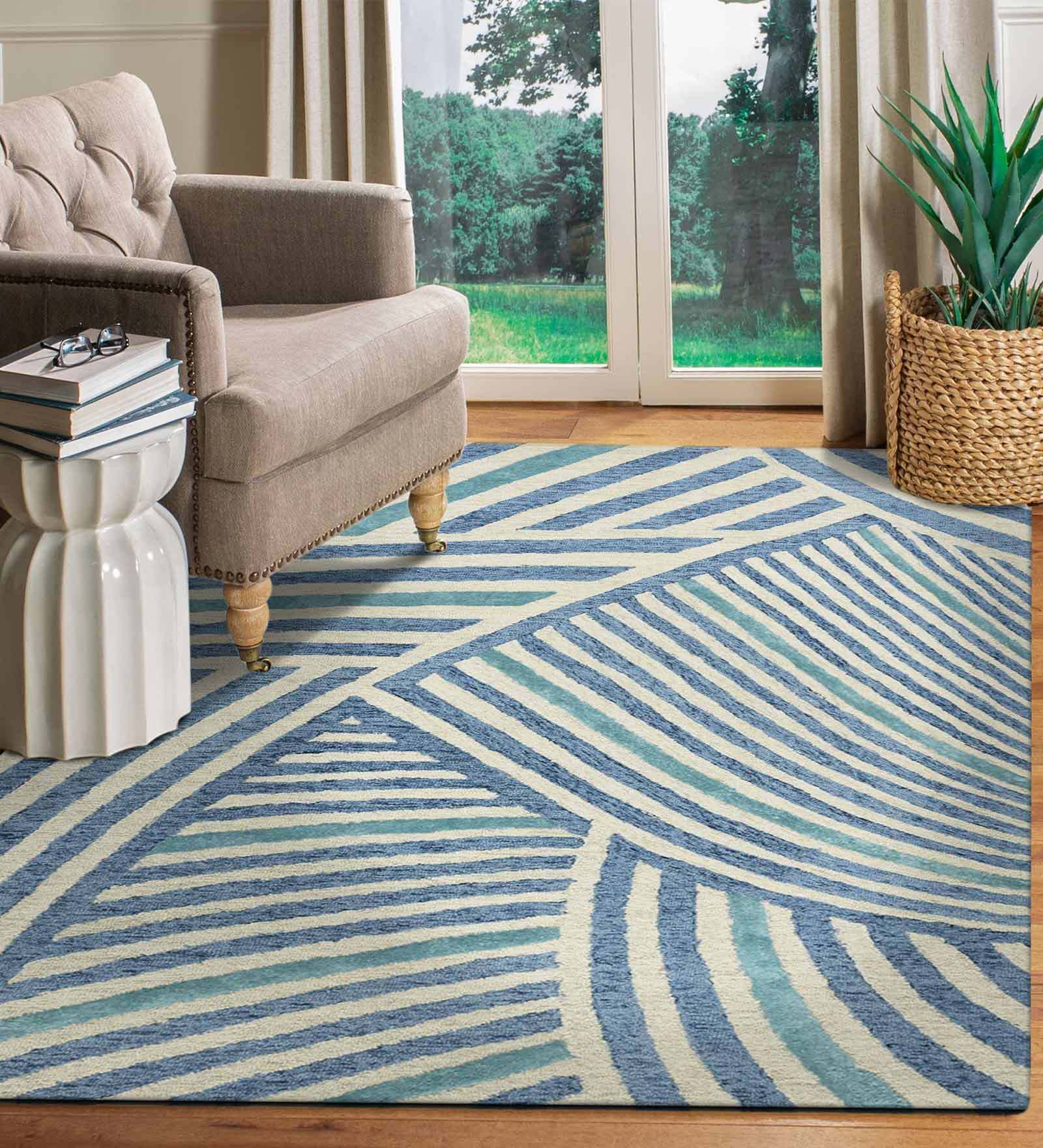 Blue Abstract Blended Wool 8 ft x 10 ft Hand Tufted Carpet