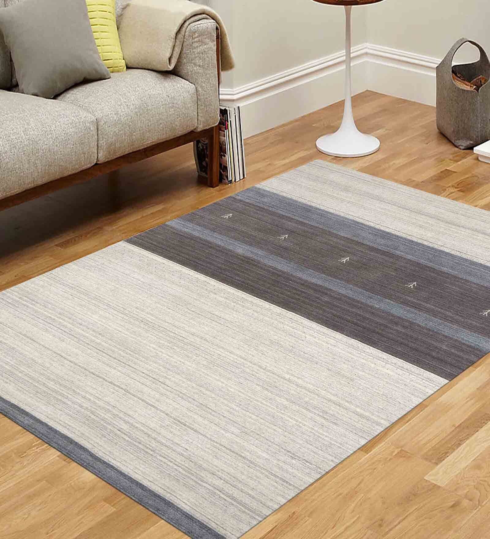 Ivory Striped Wool And Viscose 3 ft x 5 ft Hand Woven Carpet