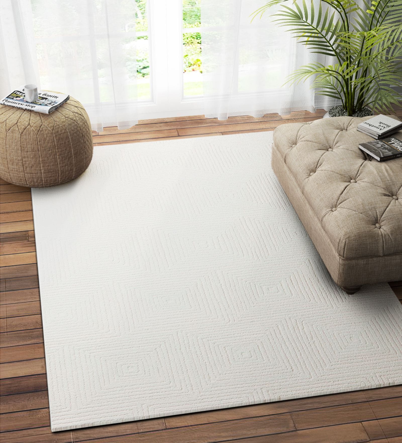 Ivory Wool Geometric 8 x 5 Feet Hand Tufted Carpet