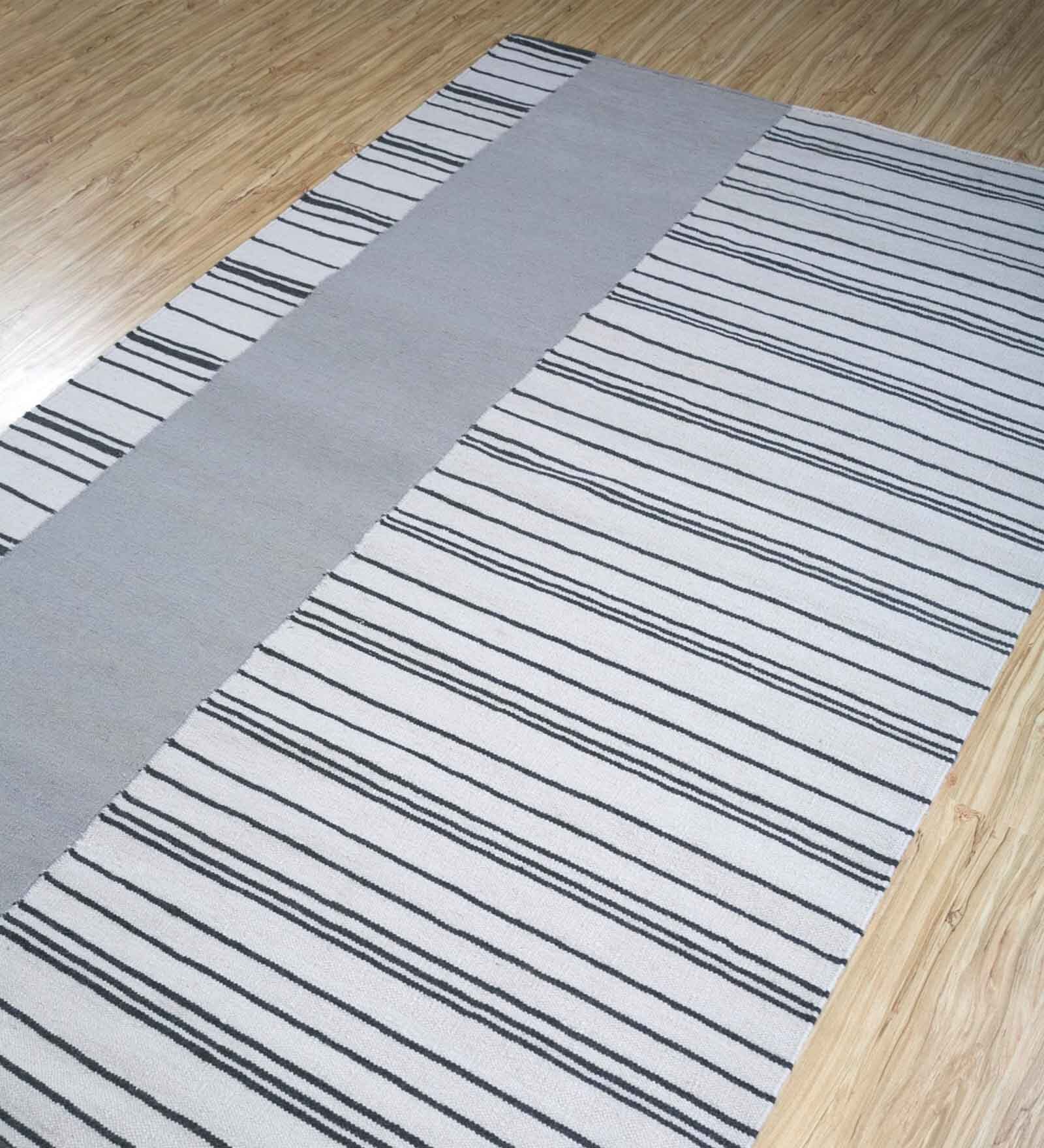 Off White Striped Wool 5 ft x 7 ft Flat Weave Dhurrie