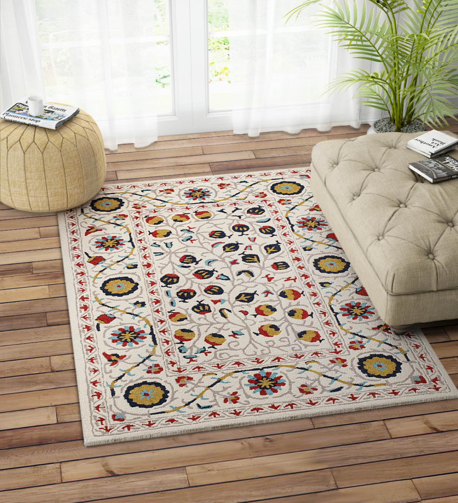 Ivory Wool Suzani 8 x 5 Feet Hand Tufted Carpet