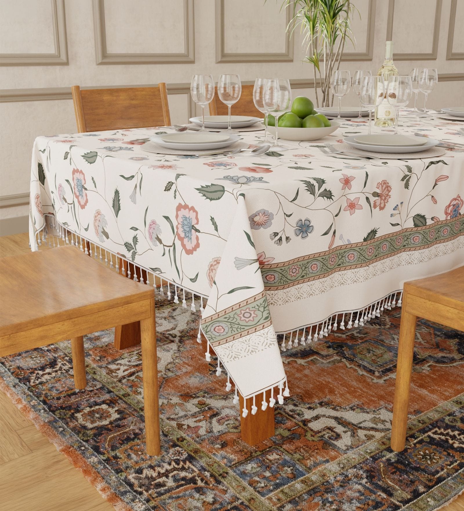 Ivyrose snow white Floral Sicilia Table Cover ( 6 Seater  )