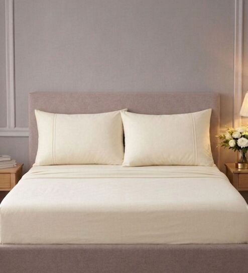 Ivory 400TC  Solid Embroidery Superking Bedsheet with 2 Pillow Covers