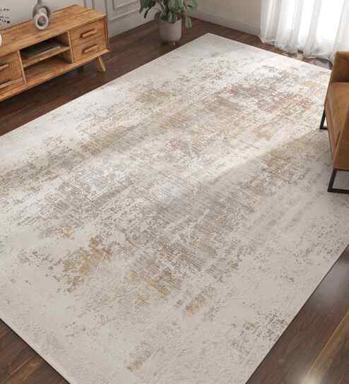 Ivory Abstract Polyester 5x7.5 Feet Machine Made Carpet
