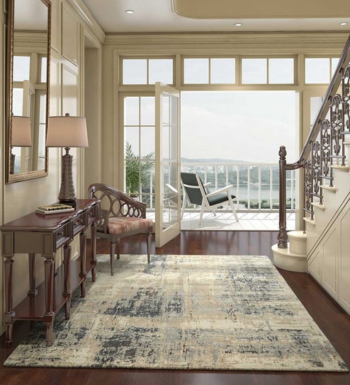 Ivory Abstract Wool & Bamboo Slik 9 ft x 12 ft Hand Knotted Carpet By Jaipur Rugs