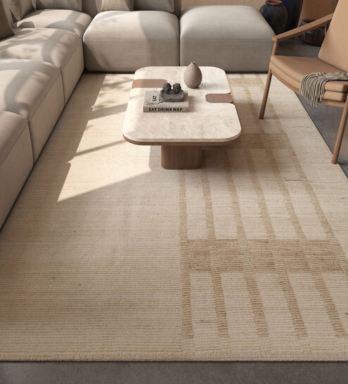 Ivory Abstract Wool 6 ft X 9 ft Hand Woven Carpet