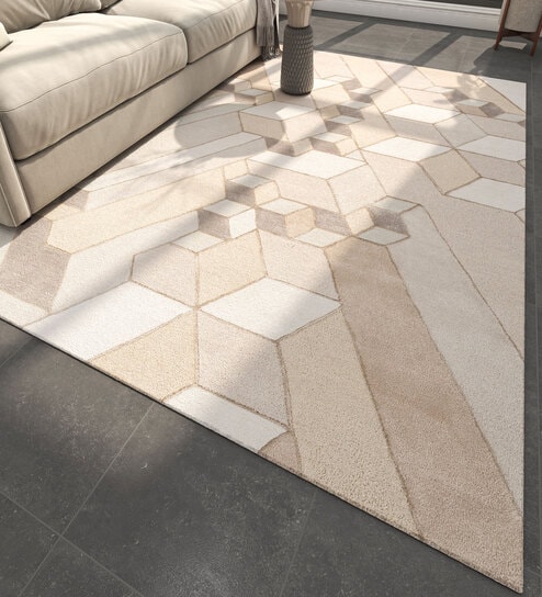 Ivory Abstract Wool and Viscose 6 ft X 9 ft Hand Tufted Carpet