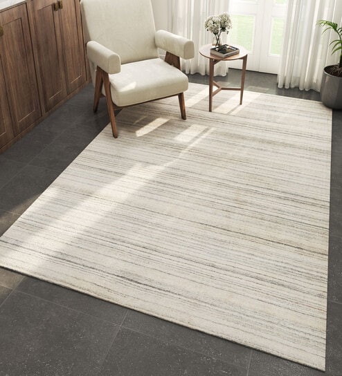 Ivory Abstract Wool and Viscose 6 ft X 9 ft Hand Woven Carpet