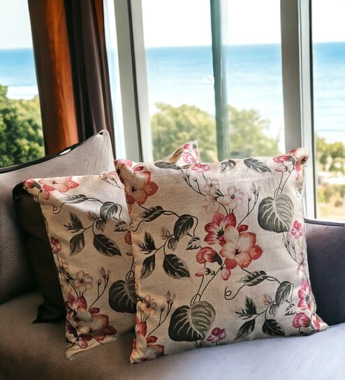 Ivory Art Silk Chanderi Textured Floral 16x16 inches Cushion Covers (Set of 2)
