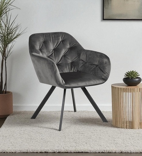 Ivory Elan Tufted Velvet Accent Chair with Curved Armrest and Black Swivel Base- Grey Colour