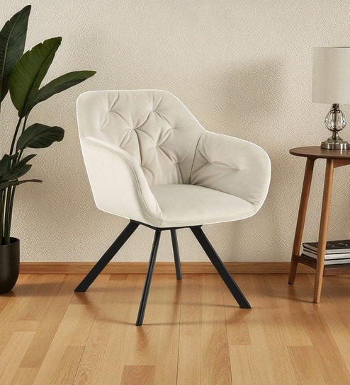 Ivory Elan Tufted Velvet Accent Chair with Curved Armrest and Black Swivel Base- Off White Colour