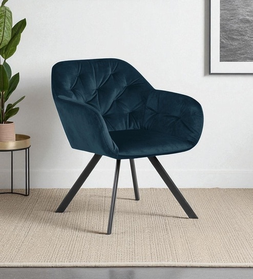 Ivory Elan Tufted Velvet Accent Chair with Curved Armrest and Black Swivel Base- Royal Blue Colour