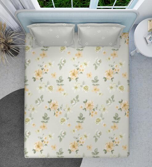 Ivory Floral 160 TC Microfiber Queen Sized Double Bedsheet with 2 Pillow Covers Lush Serenity Collection