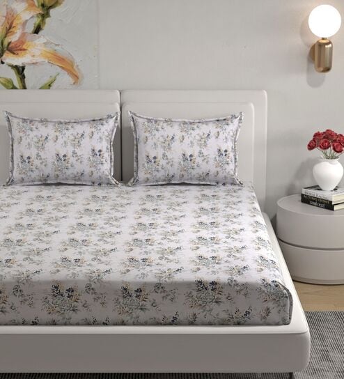 Ivory Floral 180 TC Cotton King Bedhseet 2 pillow covers