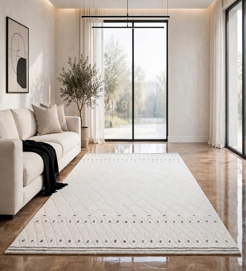 Ivory Geometric Wool And Cotton 8 X 5 Feet Hand Tufted Carpet